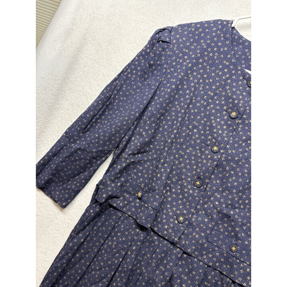 Vintage Periwinkle Navy Blue Gold Dress Tie Waist Size 10 Style 6527 Cottage - Picture 4 of 7